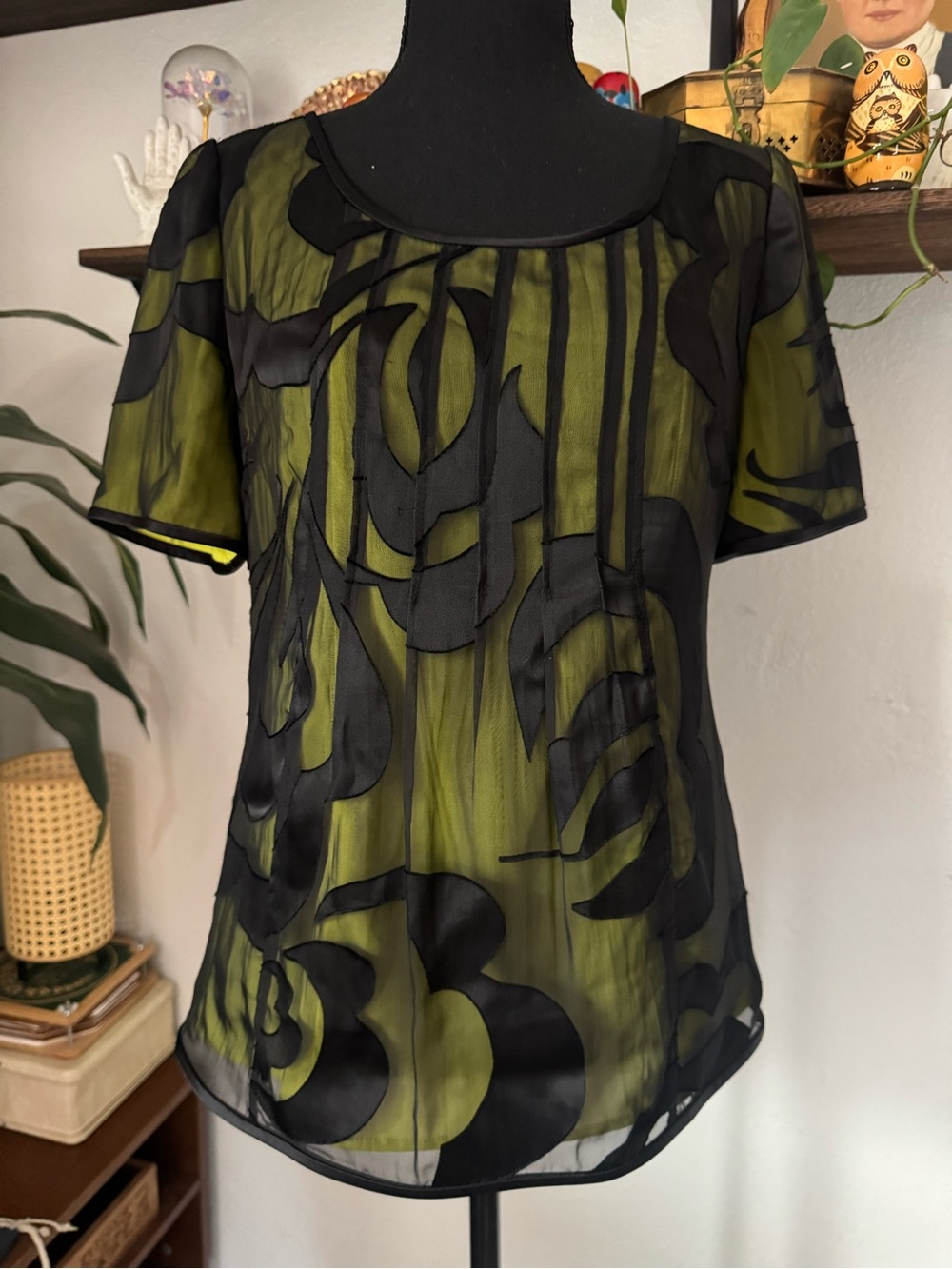 Vintage 90’s Kay Unger Black & Chartreuse Silk Overlay Top